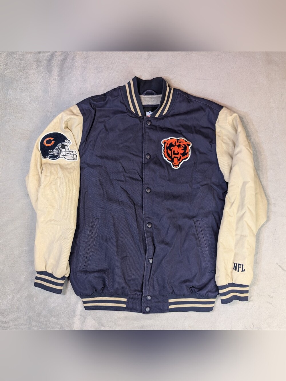 Vintage NFL Chicago Bears Men's Large Bomber Jacket Navy/Tan Soft Shell GUC